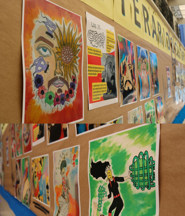 Mural interativo criado para que os alunos se expressem por meio de artes gráficas, pinturas e ilustrações durante o 1º Sarau Cultural e Literário: Vozes Universitárias.